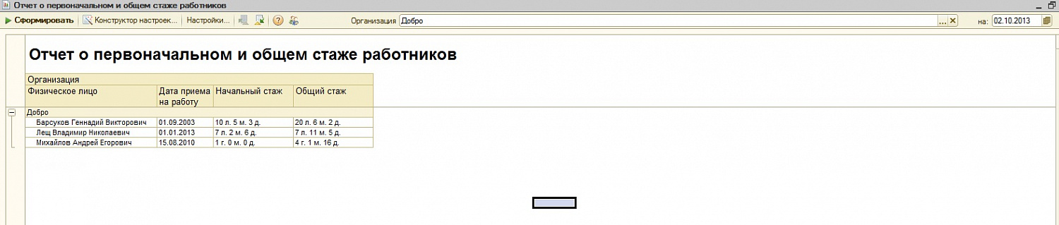 Звіт про початковий та загальний стаж працівників для "Управління виробничим підприємством"